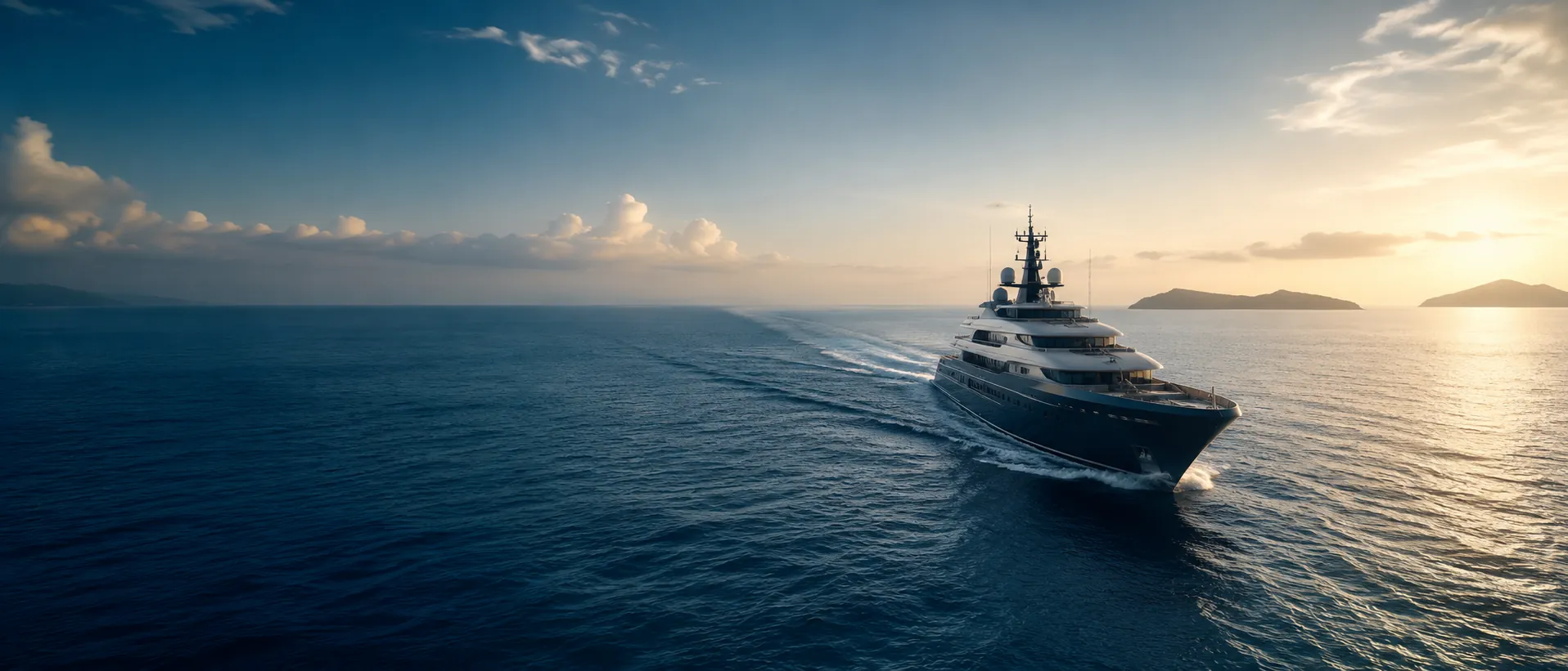 A superyacht under way on open water at sunset