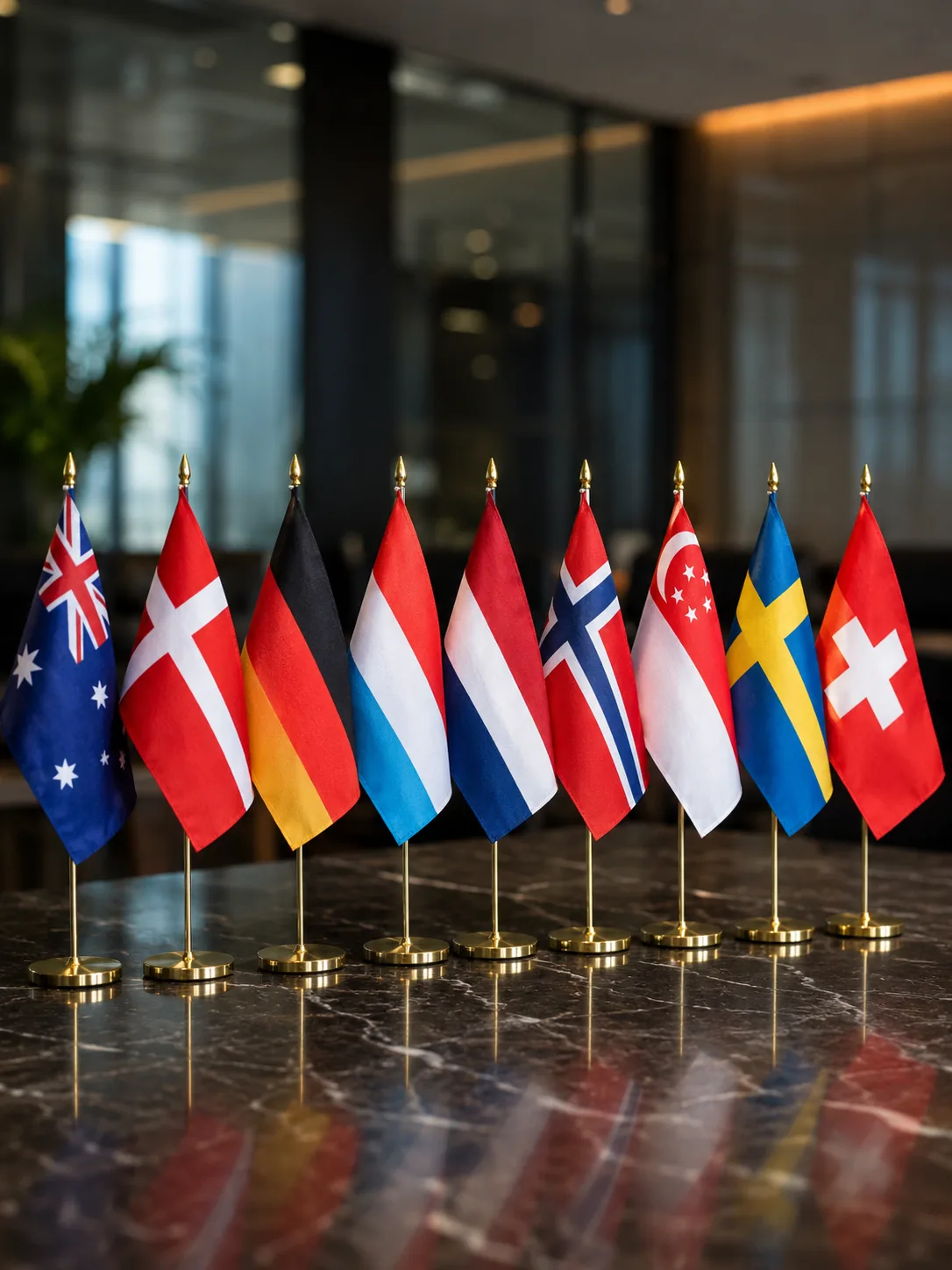A row of national flags in a boardroom