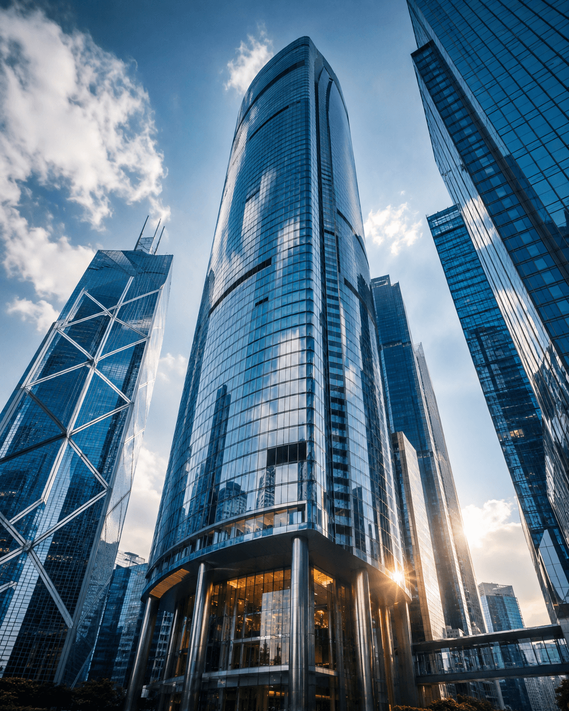 Modern glass banking towers viewed from below